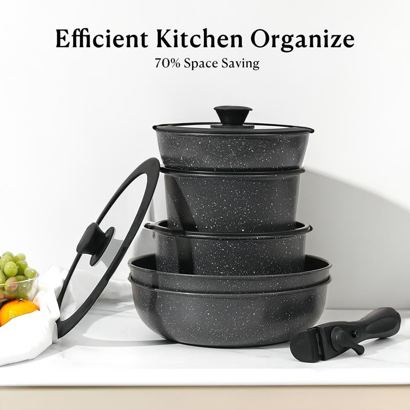 15Pcs Pots and Pans Set, Granite Induction Non Stick Kitchen Cookware Set Removable Handle, Healthy Nonstick RV Cookware Set Detachable Handle, Oven Safe Black Cooking Set W/Frying Pans & Saucepans Nonstick