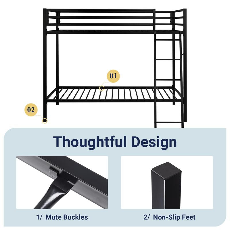 Allewie Twin over Twin Metal Bunk Bed - 【Frame Only No Mattress】Angled Ladder & Heavy-Duty Guardrail for Kids/Adults, Space-Saving Noise-Free Design, Black/White,#Tiktokshopbacktoschool