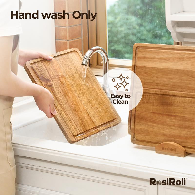 Rosiroli Wood Cutting Board Set - Small, Medium & Large Acacia Chopping Boards with Holder, Kitchen Wooden Cutting Board Set, Charcuterie Board Gift Set