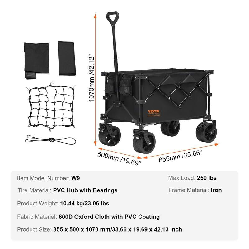 VEVOR Collapsible Folding Wagon, 2 Cu.Ft Beach Wagon Cart with All-Terrain 5In Wheels, Heavy Duty Folding Wagon Cart 220 Lbs Weight Capacity with Drink Holders, Sports Wagon for Camping, Shopping, Gar
