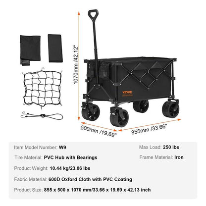 VEVOR Collapsible Folding Wagon, 2 Cu.Ft Beach Wagon Cart with All-Terrain 5In Wheels, Heavy Duty Folding Wagon Cart 220 Lbs Weight Capacity with Drink Holders, Sports Wagon for Camping, Shopping, Gar