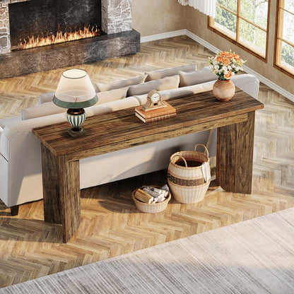 Tribesigns 70.9-Inch Extra Long Console Table, Rustic Brown, Farmhouse Style, Entryway Accent Table with Sturdy Double Pedestal, Entryway Accent