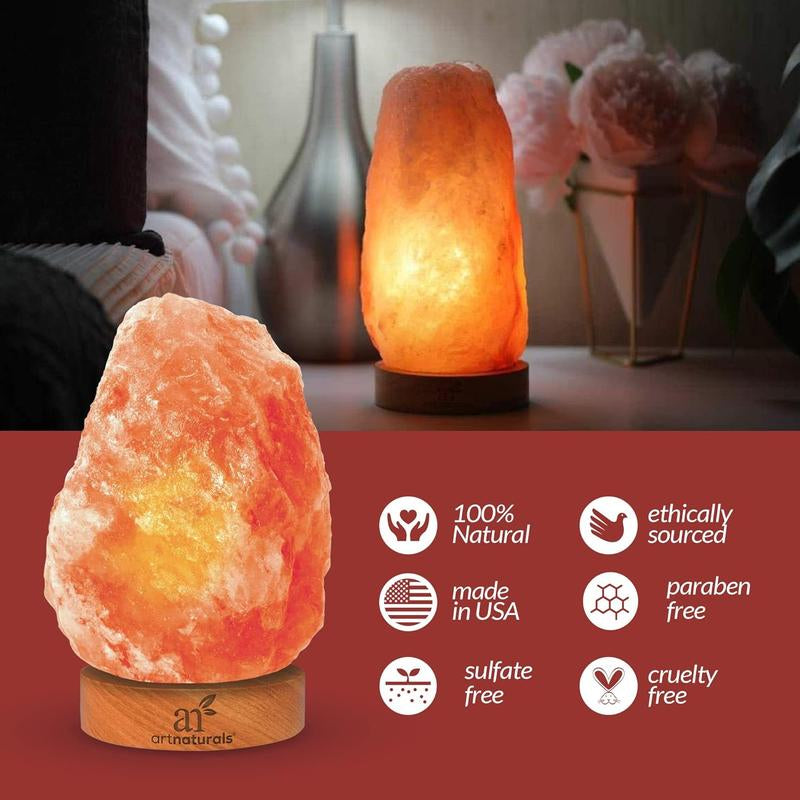 Artnaturals Himalayan Rock Salt Lamp - Natural Glow Night Light -Hand Carved Pink Crystal from Pure Salt - for Rest, Relaxation and Energy - Real Wooden Base