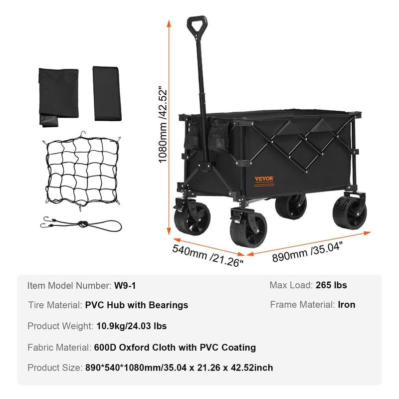 VEVOR Collapsible Folding Wagon, 2 Cu.Ft Beach Wagon Cart with All-Terrain 5In Wheels, Heavy Duty Folding Wagon Cart 220 Lbs Weight Capacity with Drink Holders, Sports Wagon for Camping, Shopping, Gar
