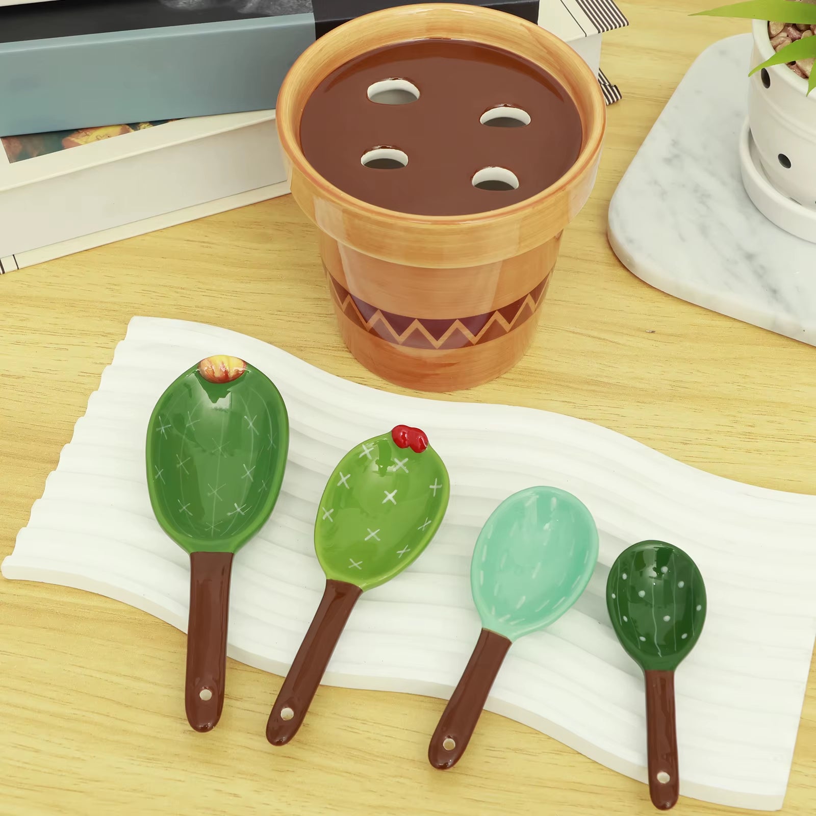 4Pcs Porcelain Measuring Spoons Set Wavy/Solid Color Pattern Base Cute Cactus Shape Kitchen Stirring Soup Spoon and Flower Pot