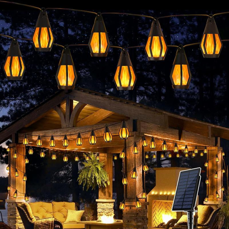 Solar Flame Effect Lights, 21Ft/32Ft Patio Lights (With Flickering Flame Bulbs), Waterproof Warm White Outdoor Solar Lights, Suitable for Garden, Patio, Gazebo, Bistro, Café and Halloween Party Decorations