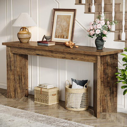 Tribesigns 70.9-Inch Extra Long Console Table, Rustic Brown, Farmhouse Style, Entryway Accent Table with Sturdy Double Pedestal, Entryway Accent