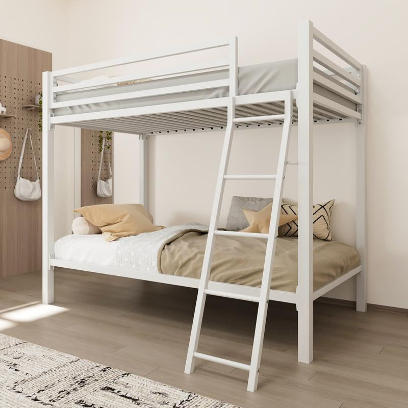 Allewie Twin over Twin Metal Bunk Bed - 【Frame Only No Mattress】Angled Ladder & Heavy-Duty Guardrail for Kids/Adults, Space-Saving Noise-Free Design, Black/White,#Tiktokshopbacktoschool