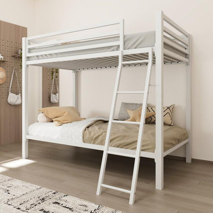Allewie Twin over Twin Metal Bunk Bed - 【Frame Only No Mattress】Angled Ladder & Heavy-Duty Guardrail for Kids/Adults, Space-Saving Noise-Free Design, Black/White,#Tiktokshopbacktoschool