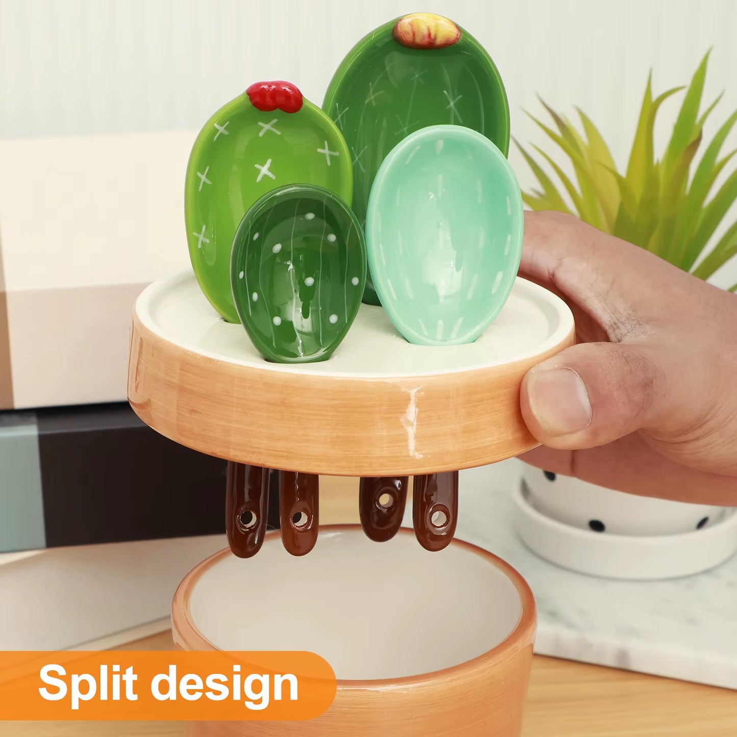 4Pcs Porcelain Measuring Spoons Set Wavy/Solid Color Pattern Base Cute Cactus Shape Kitchen Stirring Soup Spoon and Flower Pot