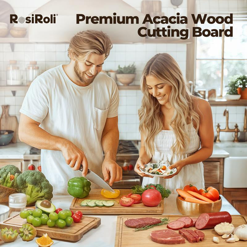 Rosiroli Wood Cutting Board Set - Small, Medium & Large Acacia Chopping Boards with Holder, Kitchen Wooden Cutting Board Set, Charcuterie Board Gift Set