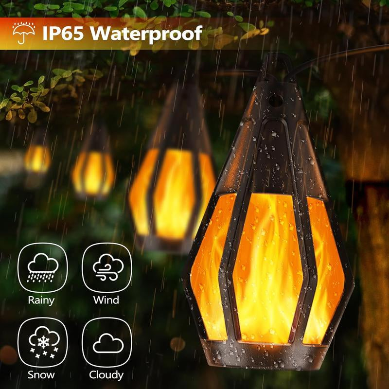 Solar Flame Effect Lights, 21Ft/32Ft Patio Lights (With Flickering Flame Bulbs), Waterproof Warm White Outdoor Solar Lights, Suitable for Garden, Patio, Gazebo, Bistro, Café and Halloween Party Decorations