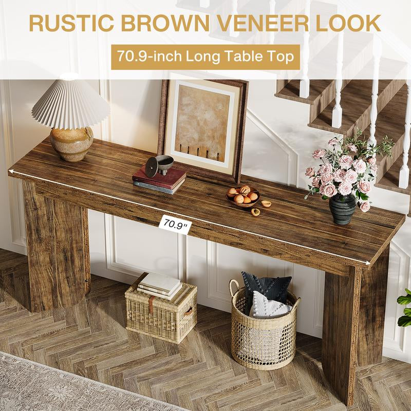 Tribesigns 70.9-Inch Extra Long Console Table, Rustic Brown, Farmhouse Style, Entryway Accent Table with Sturdy Double Pedestal, Entryway Accent