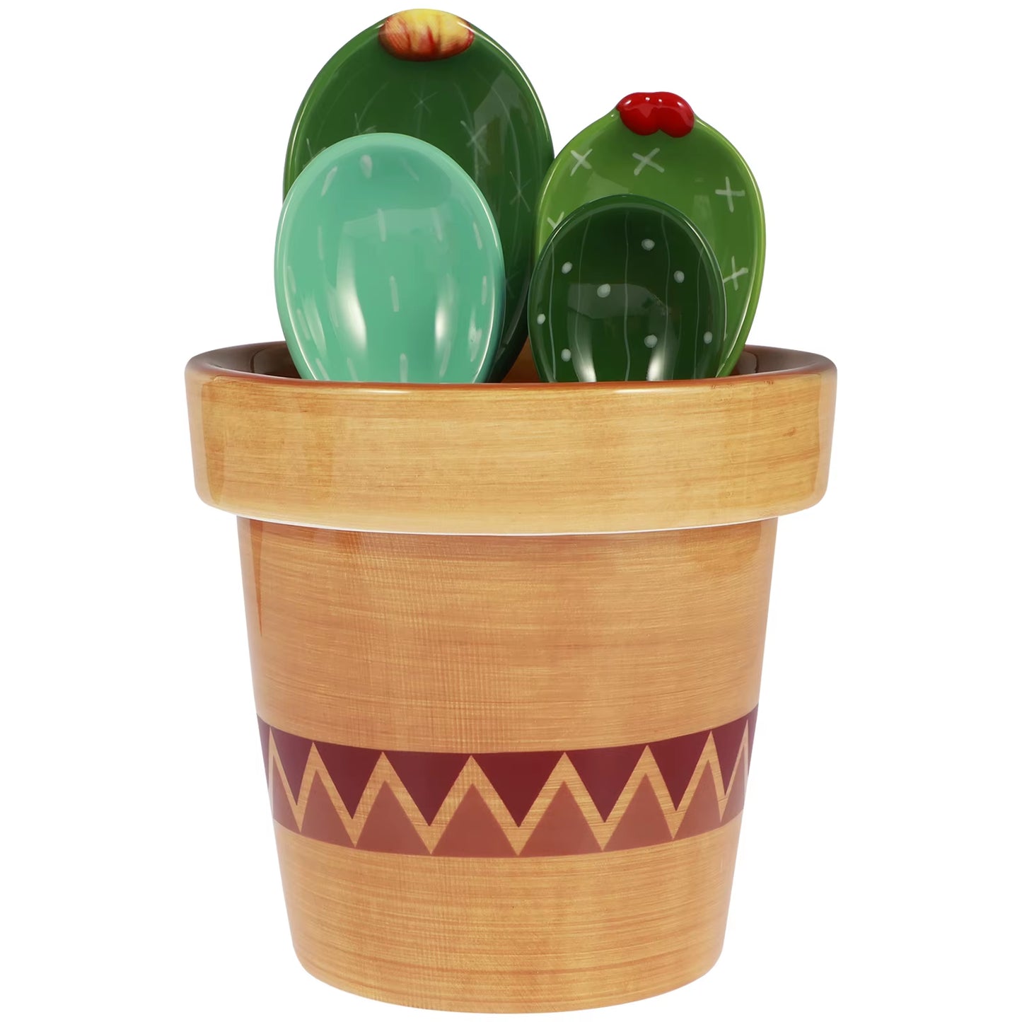 4Pcs Porcelain Measuring Spoons Set Wavy/Solid Color Pattern Base Cute Cactus Shape Kitchen Stirring Soup Spoon and Flower Pot