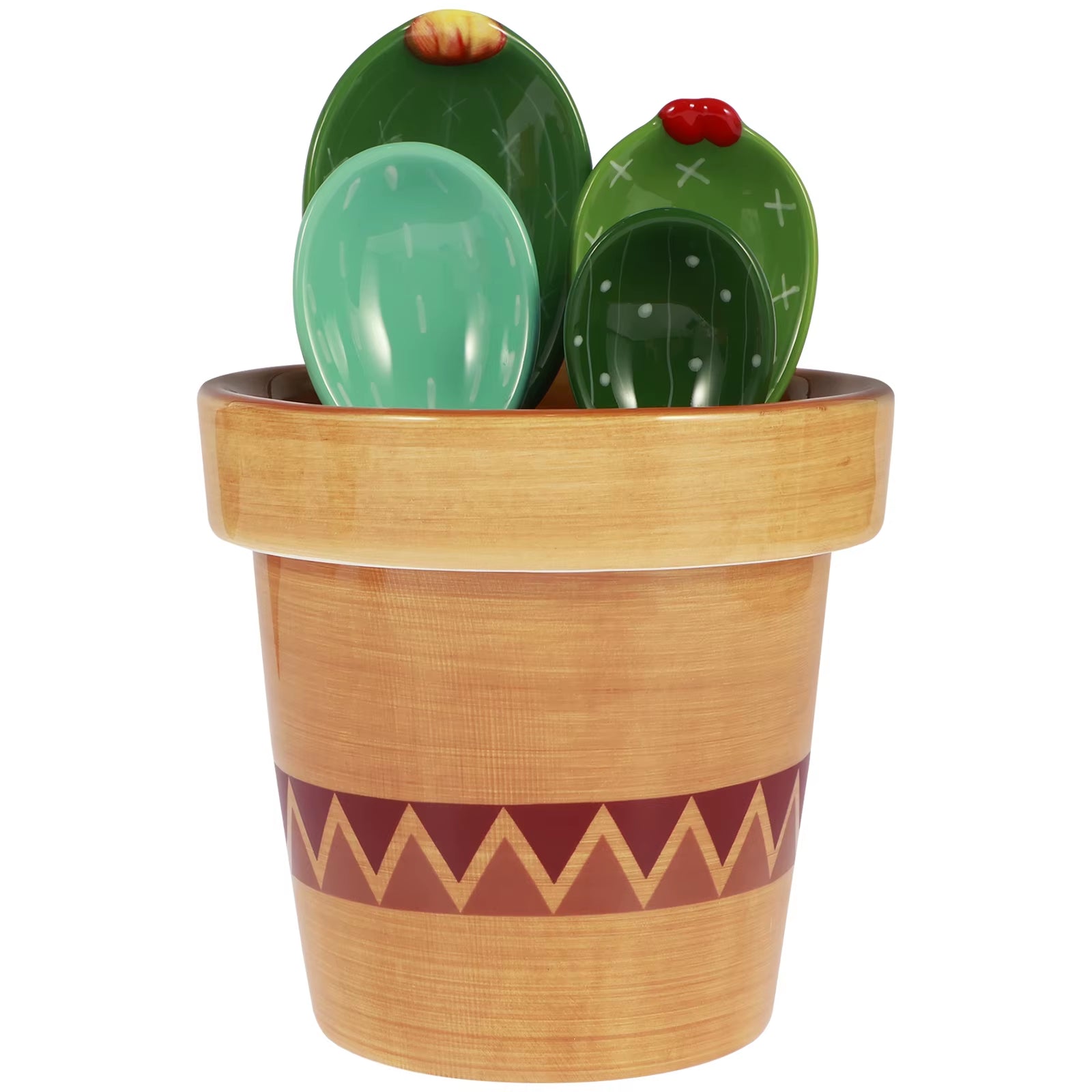 4Pcs Porcelain Measuring Spoons Set Wavy/Solid Color Pattern Base Cute Cactus Shape Kitchen Stirring Soup Spoon and Flower Pot