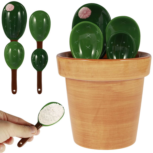 4Pcs Porcelain Measuring Spoons Set Wavy/Solid Color Pattern Base Cute Cactus Shape Kitchen Stirring Soup Spoon and Flower Pot