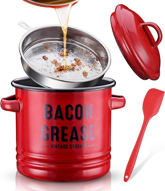 46OZ Bacon Grease Container with Strainer & Silicone Scraper, Enamel Bacon Grease Keeper/Saver Can for Kitchen, Farmhouse Cooking Oil Container Kitchen Fat Storage with Dual Handles & Lid Filter Stainless Utensils Aesthetic Porcelain Utility