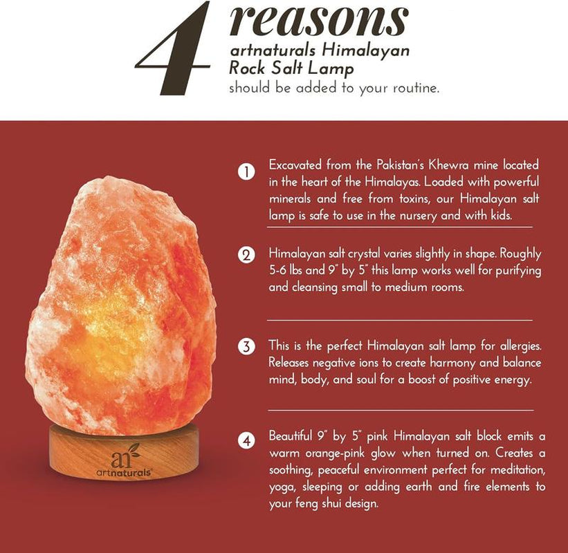 Artnaturals Himalayan Rock Salt Lamp - Natural Glow Night Light -Hand Carved Pink Crystal from Pure Salt - for Rest, Relaxation and Energy - Real Wooden Base