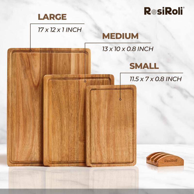Rosiroli Wood Cutting Board Set - Small, Medium & Large Acacia Chopping Boards with Holder, Kitchen Wooden Cutting Board Set, Charcuterie Board Gift Set