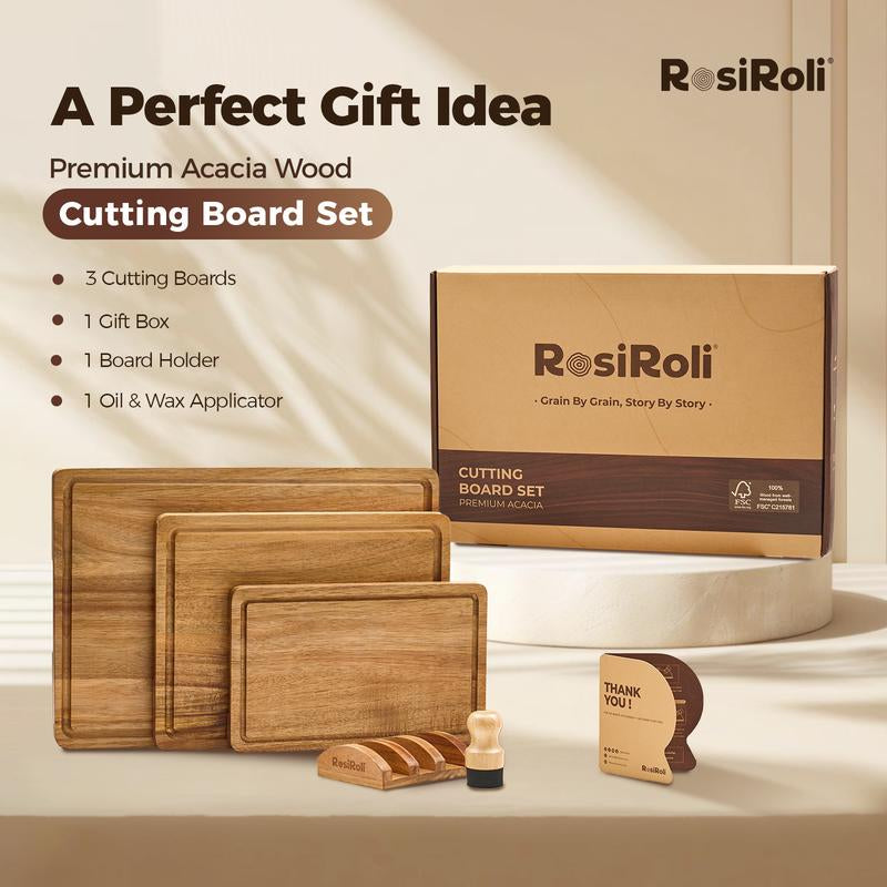 Rosiroli Wood Cutting Board Set - Small, Medium & Large Acacia Chopping Boards with Holder, Kitchen Wooden Cutting Board Set, Charcuterie Board Gift Set