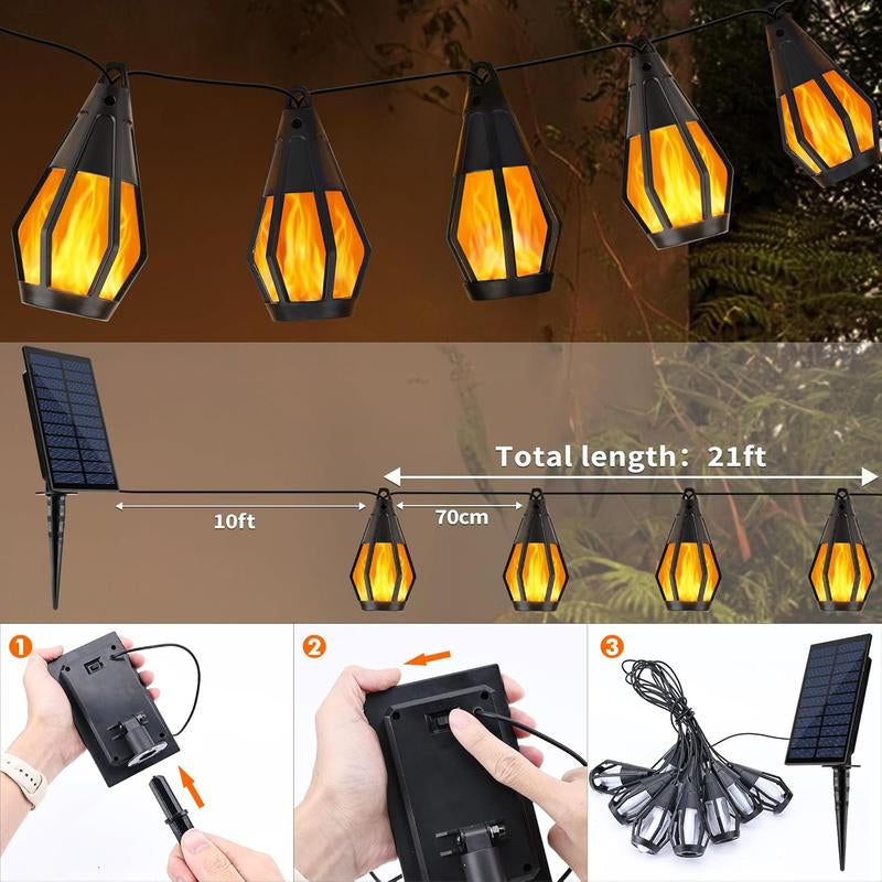 Solar Flame Effect Lights, 21Ft/32Ft Patio Lights (With Flickering Flame Bulbs), Waterproof Warm White Outdoor Solar Lights, Suitable for Garden, Patio, Gazebo, Bistro, Café and Halloween Party Decorations