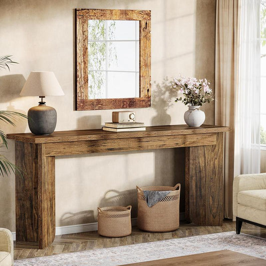 Tribesigns 70.9-Inch Extra Long Console Table, Rustic Brown, Farmhouse Style, Entryway Accent Table with Sturdy Double Pedestal, Entryway Accent