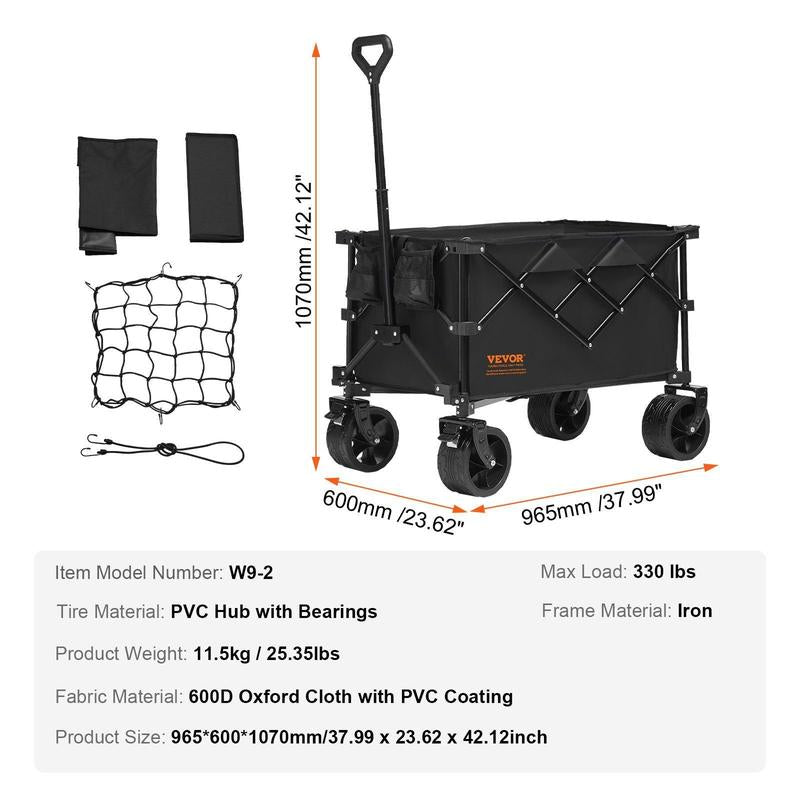 VEVOR Collapsible Folding Wagon, 2 Cu.Ft Beach Wagon Cart with All-Terrain 5In Wheels, Heavy Duty Folding Wagon Cart 220 Lbs Weight Capacity with Drink Holders, Sports Wagon for Camping, Shopping, Gar