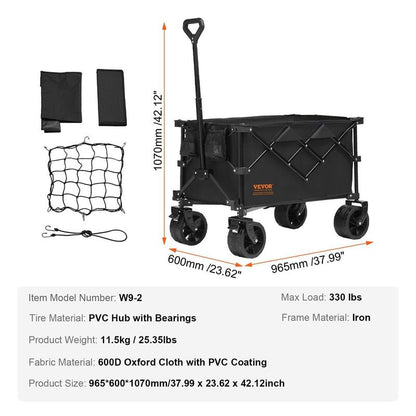 VEVOR Collapsible Folding Wagon, 2 Cu.Ft Beach Wagon Cart with All-Terrain 5In Wheels, Heavy Duty Folding Wagon Cart 220 Lbs Weight Capacity with Drink Holders, Sports Wagon for Camping, Shopping, Gar