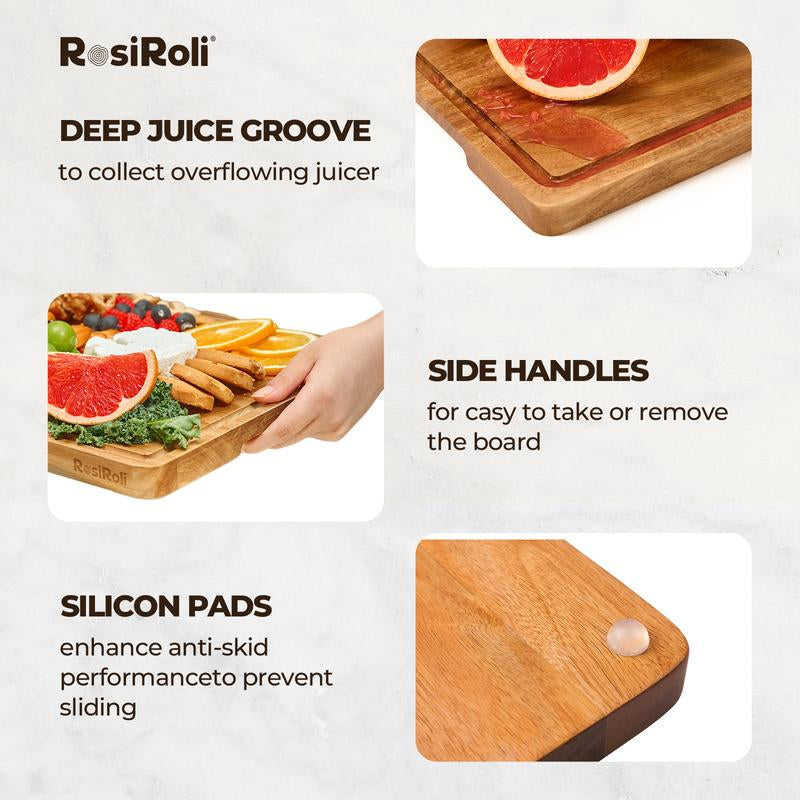 Rosiroli Wood Cutting Board Set - Small, Medium & Large Acacia Chopping Boards with Holder, Kitchen Wooden Cutting Board Set, Charcuterie Board Gift Set