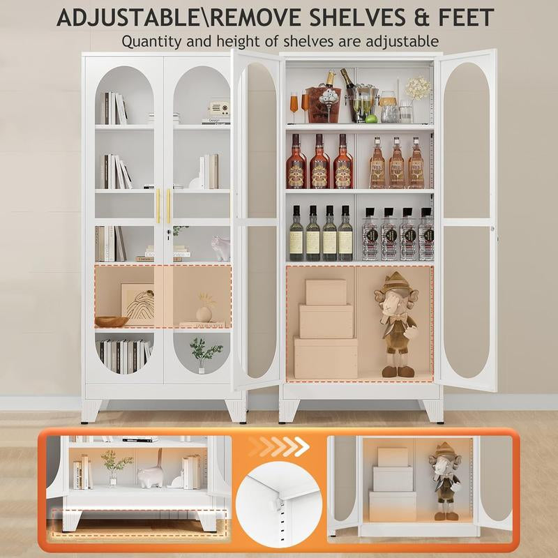 H61"/71"/75"Tall Display Cabinet with Glass Door, 5 Tier Metal Curio Cabinet with 4 Adjustable Shelves, Locking Glass Display Case for Collectibles, Showcase Storage Cabinets for Showroom Clinic, White