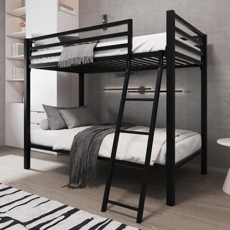 Allewie Twin over Twin Metal Bunk Bed - 【Frame Only No Mattress】Angled Ladder & Heavy-Duty Guardrail for Kids/Adults, Space-Saving Noise-Free Design, Black/White,#Tiktokshopbacktoschool