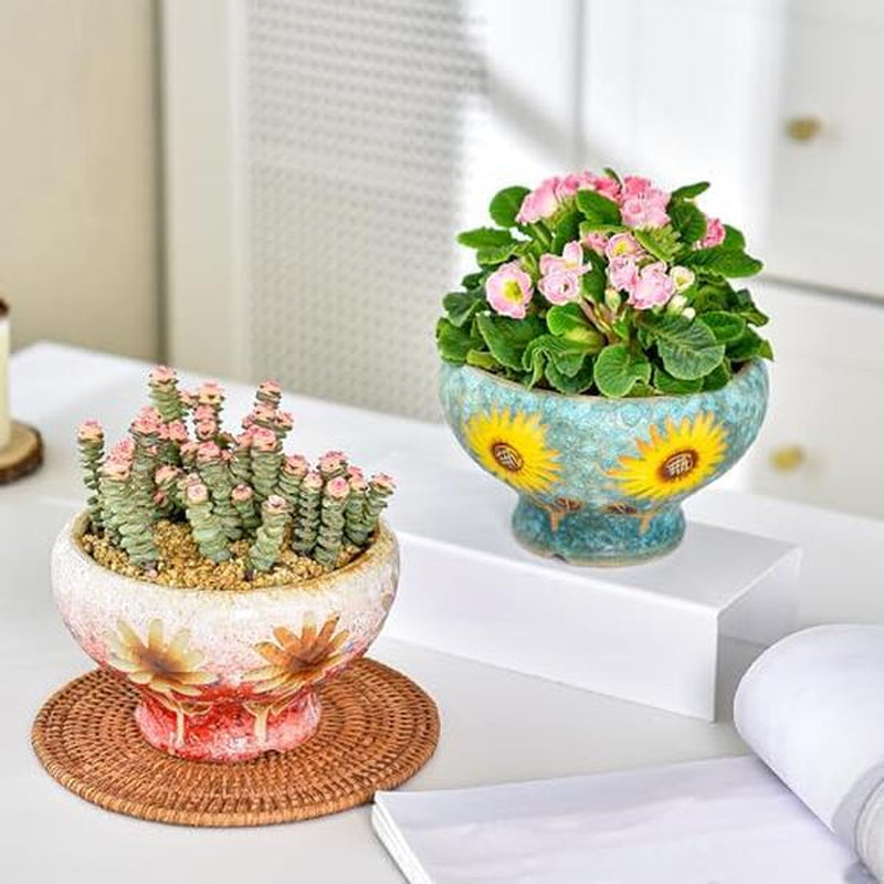Sungmor Beautiful Handicrafts Ceramic Planters - Succulent Flower Pots with Drainage - Pretty Desktop Windowsill Landscape Flowerpot - Home & Office Decor Pots