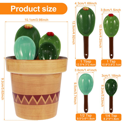 4Pcs Porcelain Measuring Spoons Set Wavy/Solid Color Pattern Base Cute Cactus Shape Kitchen Stirring Soup Spoon and Flower Pot