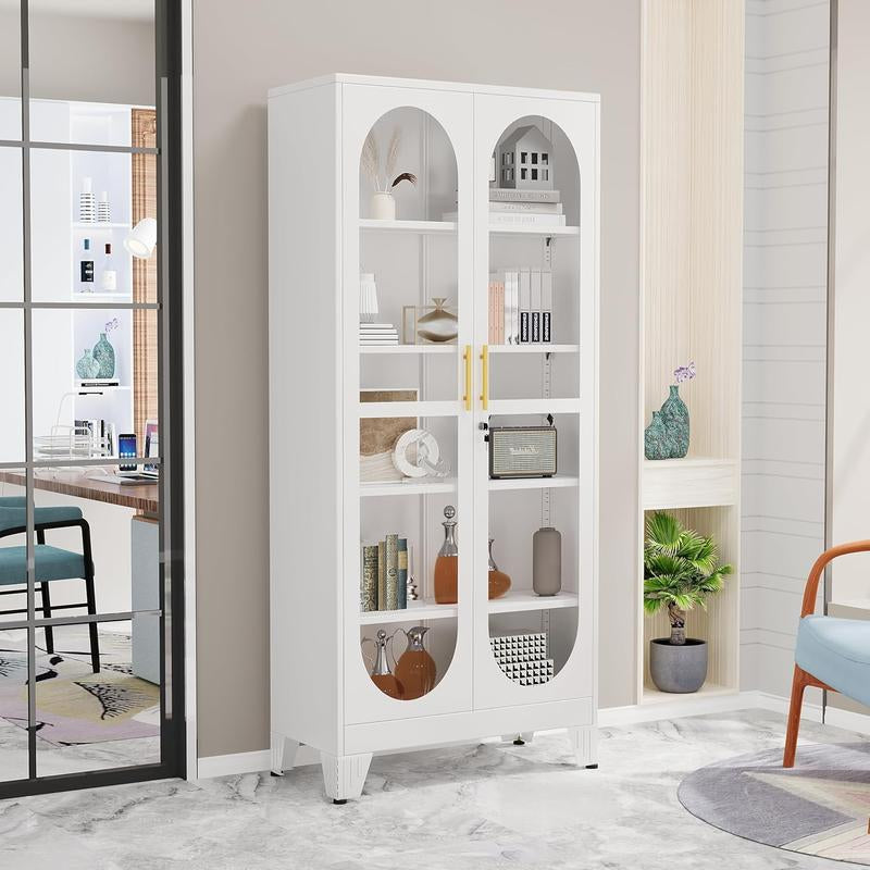 H61"/71"/75"Tall Display Cabinet with Glass Door, 5 Tier Metal Curio Cabinet with 4 Adjustable Shelves, Locking Glass Display Case for Collectibles, Showcase Storage Cabinets for Showroom Clinic, White