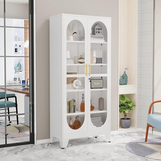 H61"/71"/75"Tall Display Cabinet with Glass Door, 5 Tier Metal Curio Cabinet with 4 Adjustable Shelves, Locking Glass Display Case for Collectibles, Showcase Storage Cabinets for Showroom Clinic, White