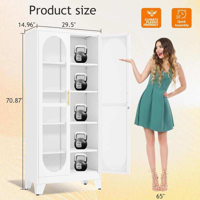 H61"/71"/75"Tall Display Cabinet with Glass Door, 5 Tier Metal Curio Cabinet with 4 Adjustable Shelves, Locking Glass Display Case for Collectibles, Showcase Storage Cabinets for Showroom Clinic, White