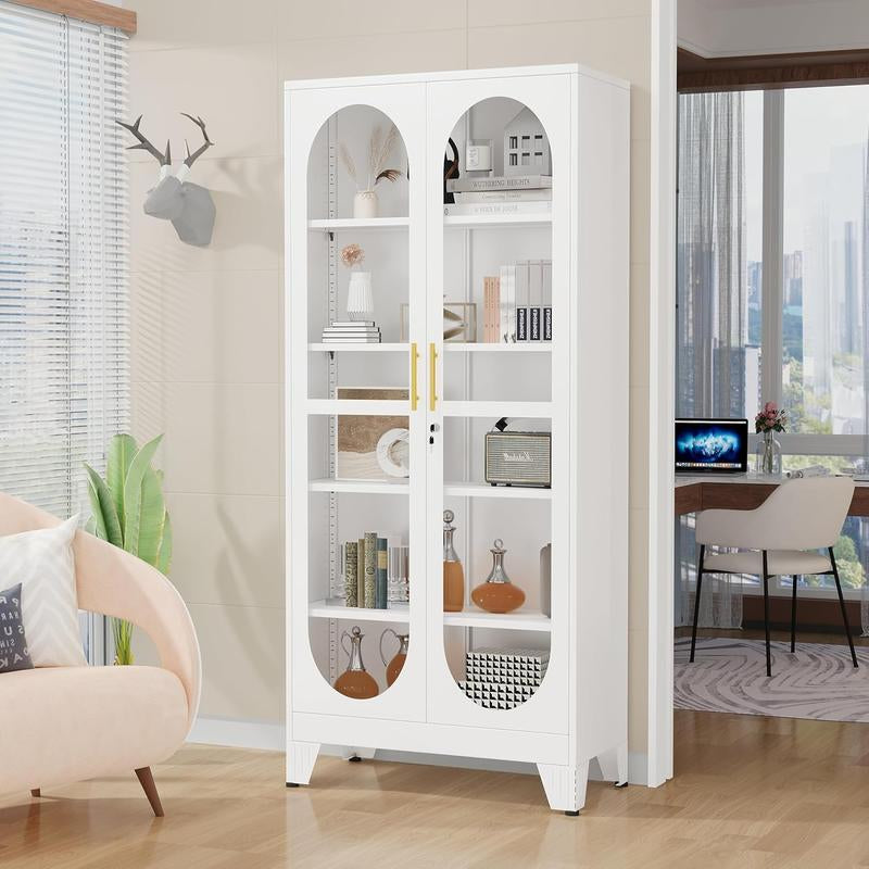H61"/71"/75"Tall Display Cabinet with Glass Door, 5 Tier Metal Curio Cabinet with 4 Adjustable Shelves, Locking Glass Display Case for Collectibles, Showcase Storage Cabinets for Showroom Clinic, White