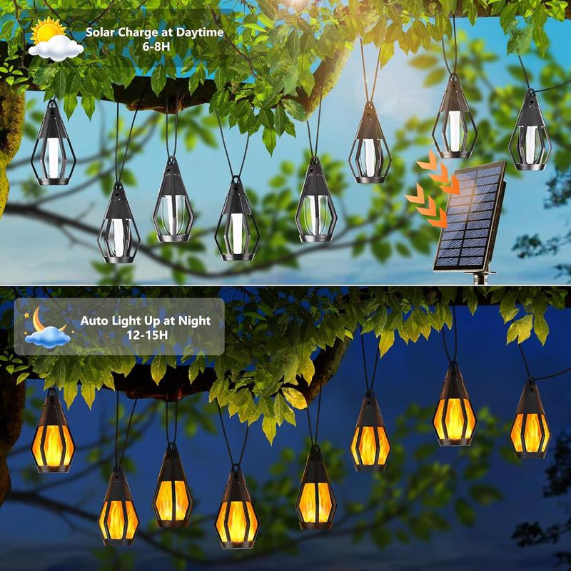 Solar Flame Effect Lights, 21Ft/32Ft Patio Lights (With Flickering Flame Bulbs), Waterproof Warm White Outdoor Solar Lights, Suitable for Garden, Patio, Gazebo, Bistro, Café and Halloween Party Decorations
