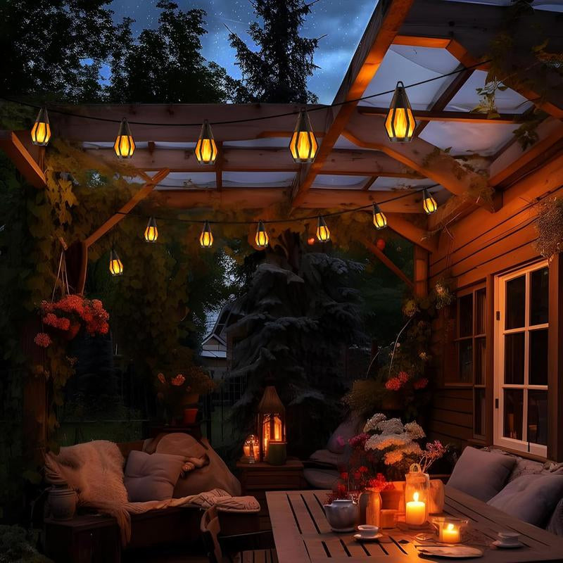 Solar Flame Effect Lights, 21Ft/32Ft Patio Lights (With Flickering Flame Bulbs), Waterproof Warm White Outdoor Solar Lights, Suitable for Garden, Patio, Gazebo, Bistro, Café and Halloween Party Decorations