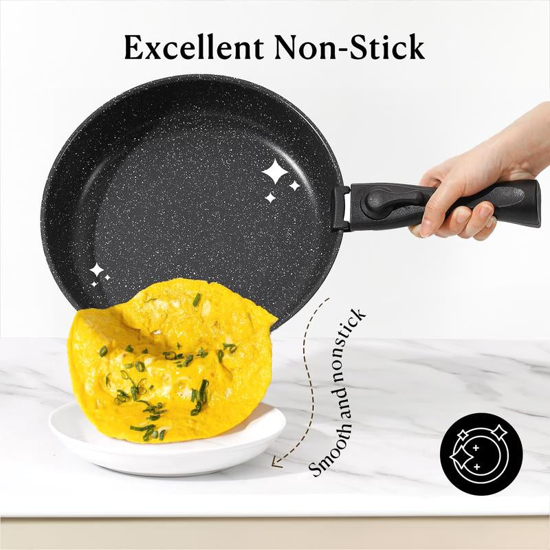 15Pcs Pots and Pans Set, Granite Induction Non Stick Kitchen Cookware Set Removable Handle, Healthy Nonstick RV Cookware Set Detachable Handle, Oven Safe Black Cooking Set W/Frying Pans & Saucepans Nonstick