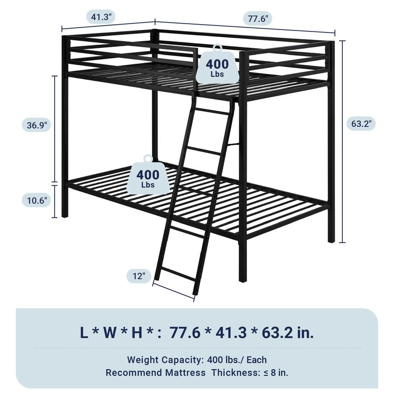 Allewie Twin over Twin Metal Bunk Bed - 【Frame Only No Mattress】Angled Ladder & Heavy-Duty Guardrail for Kids/Adults, Space-Saving Noise-Free Design, Black/White,#Tiktokshopbacktoschool