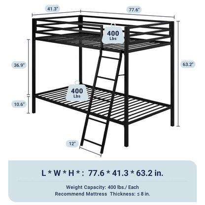 Allewie Twin over Twin Metal Bunk Bed - 【Frame Only No Mattress】Angled Ladder & Heavy-Duty Guardrail for Kids/Adults, Space-Saving Noise-Free Design, Black/White,#Tiktokshopbacktoschool