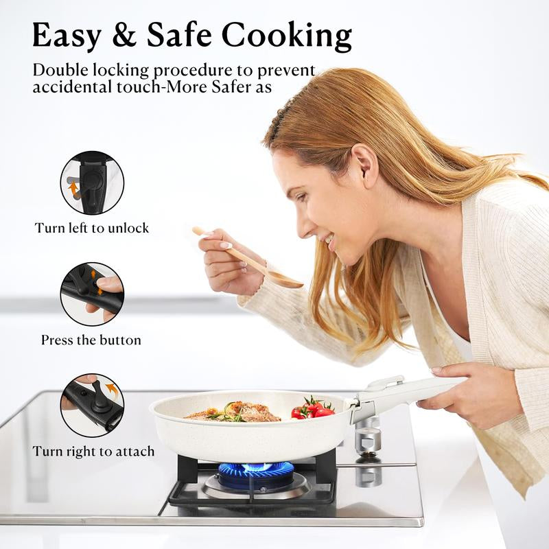 15Pcs Pots and Pans Set, Granite Induction Non Stick Kitchen Cookware Set Removable Handle, Healthy Nonstick RV Cookware Set Detachable Handle, Oven Safe Black Cooking Set W/Frying Pans & Saucepans Nonstick
