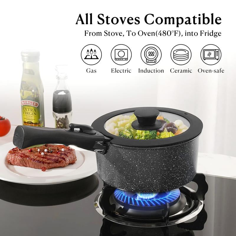 15Pcs Pots and Pans Set, Granite Induction Non Stick Kitchen Cookware Set Removable Handle, Healthy Nonstick RV Cookware Set Detachable Handle, Oven Safe Black Cooking Set W/Frying Pans & Saucepans Nonstick