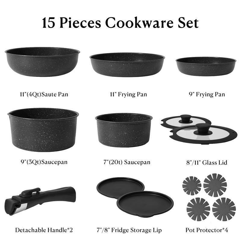 15Pcs Pots and Pans Set, Granite Induction Non Stick Kitchen Cookware Set Removable Handle, Healthy Nonstick RV Cookware Set Detachable Handle, Oven Safe Black Cooking Set W/Frying Pans & Saucepans Nonstick