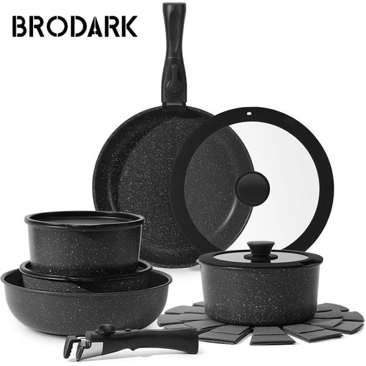 15Pcs Pots and Pans Set, Granite Induction Non Stick Kitchen Cookware Set Removable Handle, Healthy Nonstick RV Cookware Set Detachable Handle, Oven Safe Black Cooking Set W/Frying Pans & Saucepans Nonstick