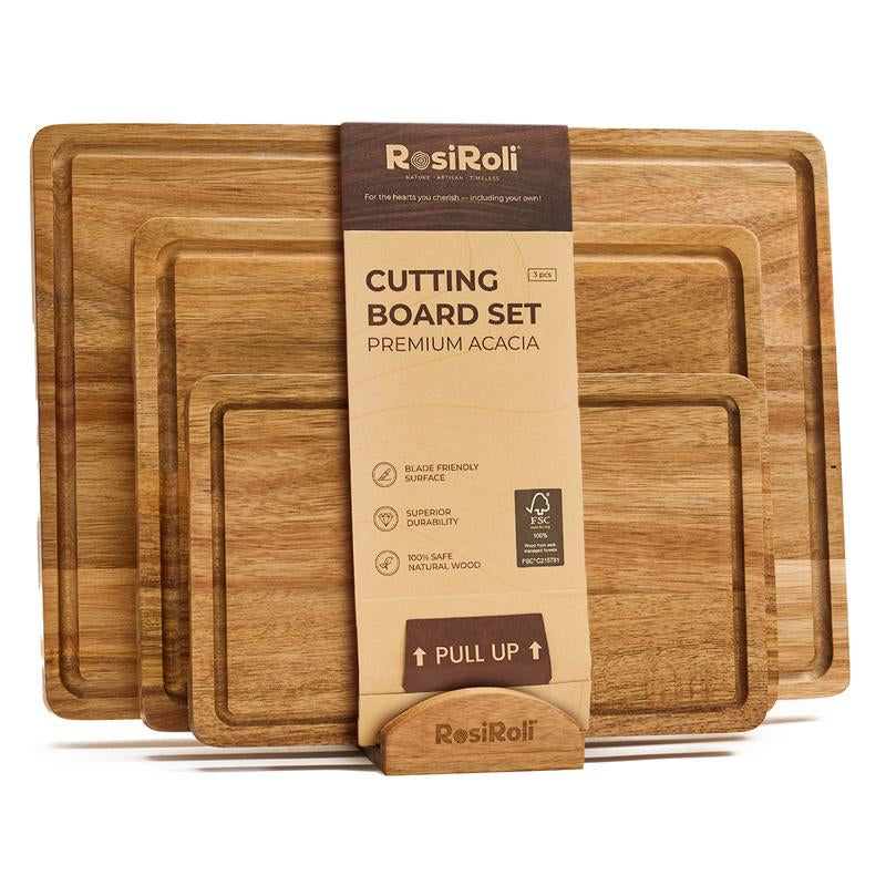 Rosiroli Wood Cutting Board Set - Small, Medium & Large Acacia Chopping Boards with Holder, Kitchen Wooden Cutting Board Set, Charcuterie Board Gift Set