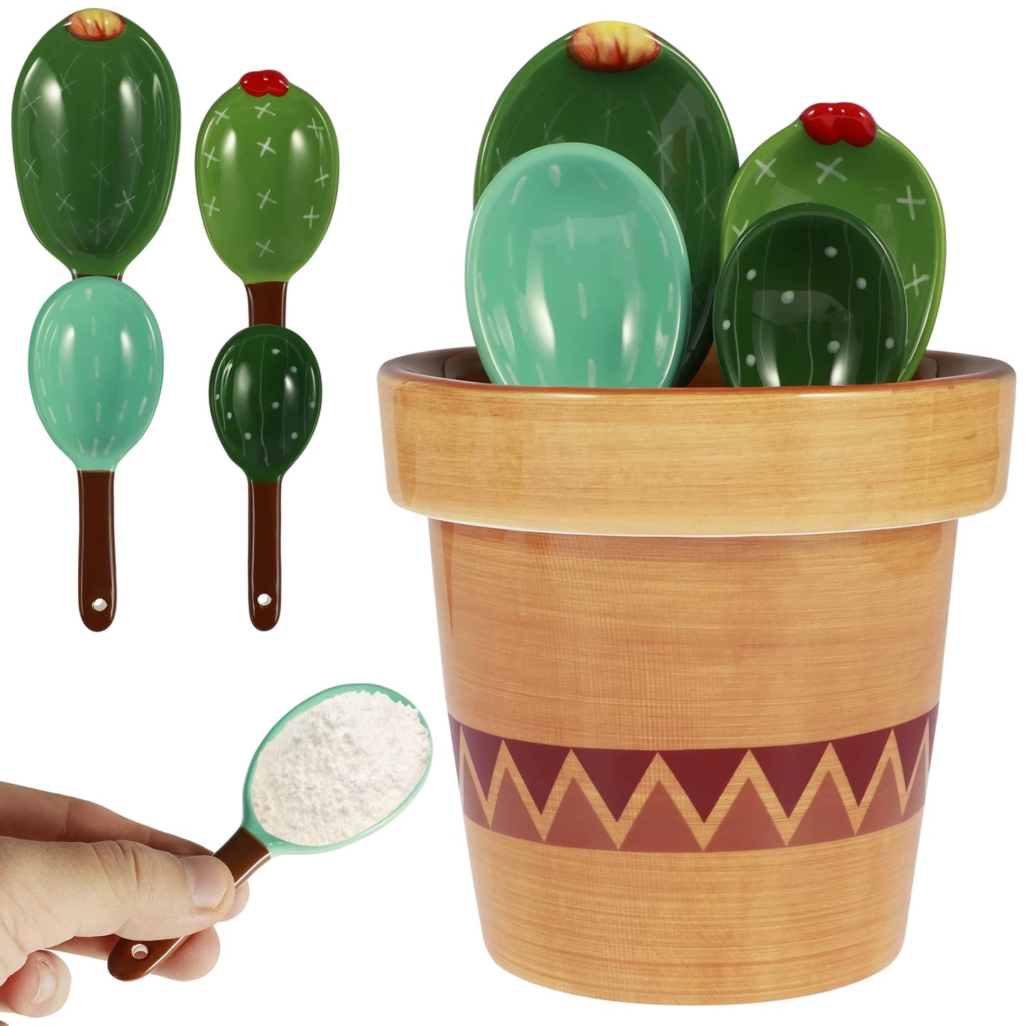 4Pcs Porcelain Measuring Spoons Set Wavy/Solid Color Pattern Base Cute Cactus Shape Kitchen Stirring Soup Spoon and Flower Pot