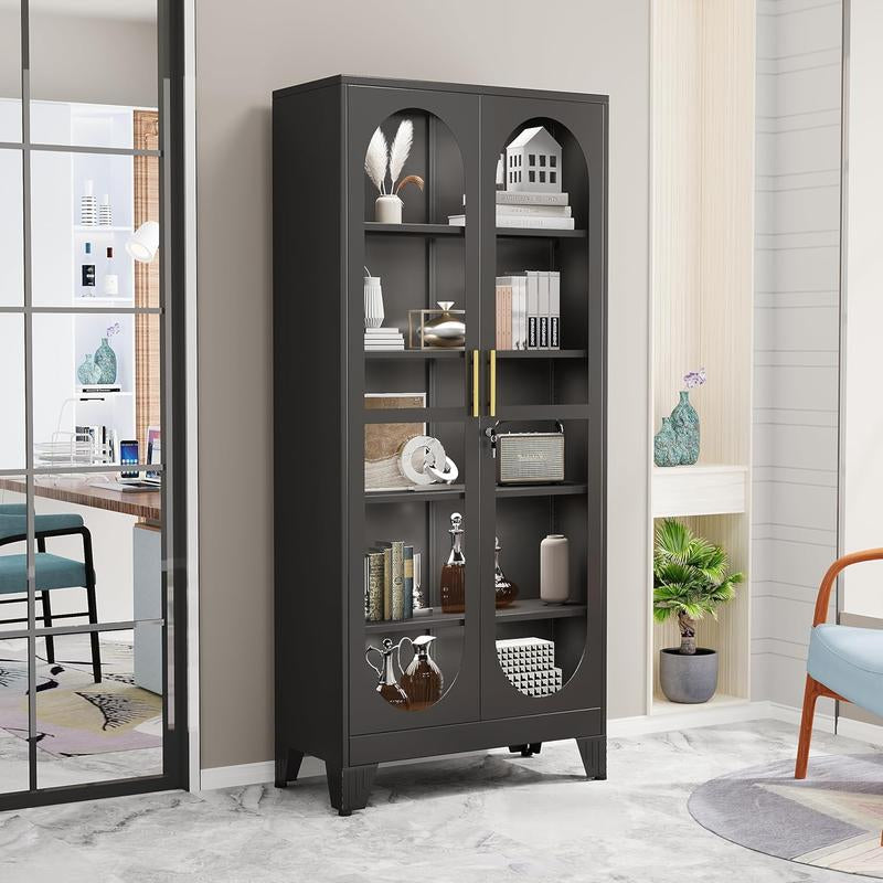 H61"/71"/75"Tall Display Cabinet with Glass Door, 5 Tier Metal Curio Cabinet with 4 Adjustable Shelves, Locking Glass Display Case for Collectibles, Showcase Storage Cabinets for Showroom Clinic, White