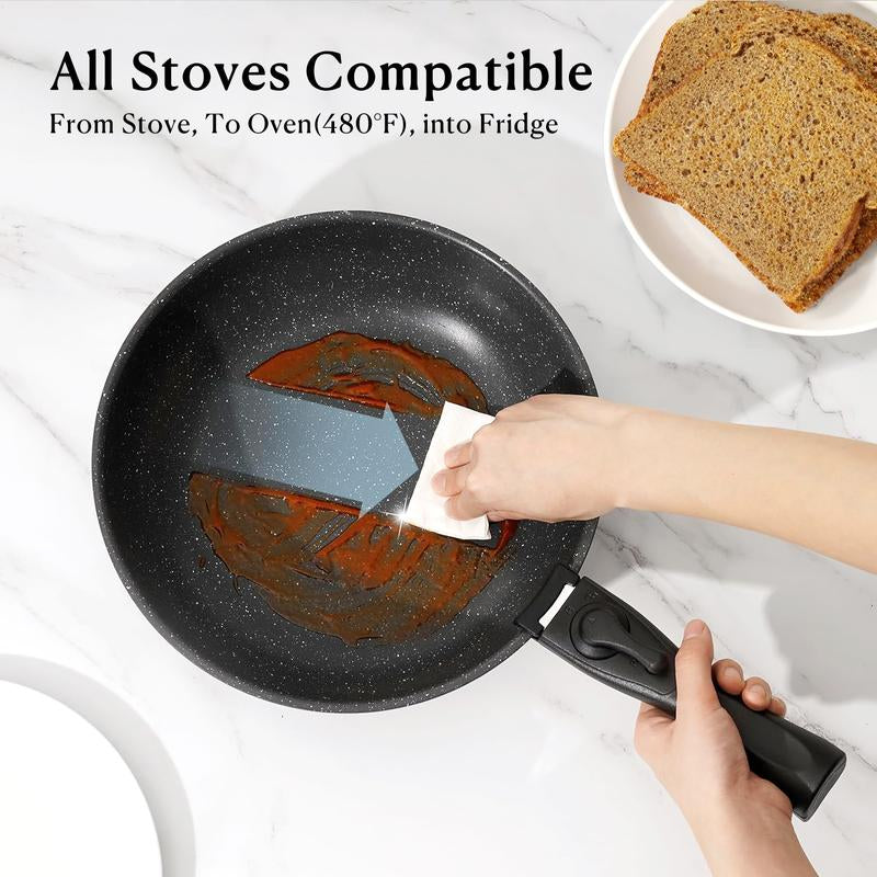 15Pcs Pots and Pans Set, Granite Induction Non Stick Kitchen Cookware Set Removable Handle, Healthy Nonstick RV Cookware Set Detachable Handle, Oven Safe Black Cooking Set W/Frying Pans & Saucepans Nonstick